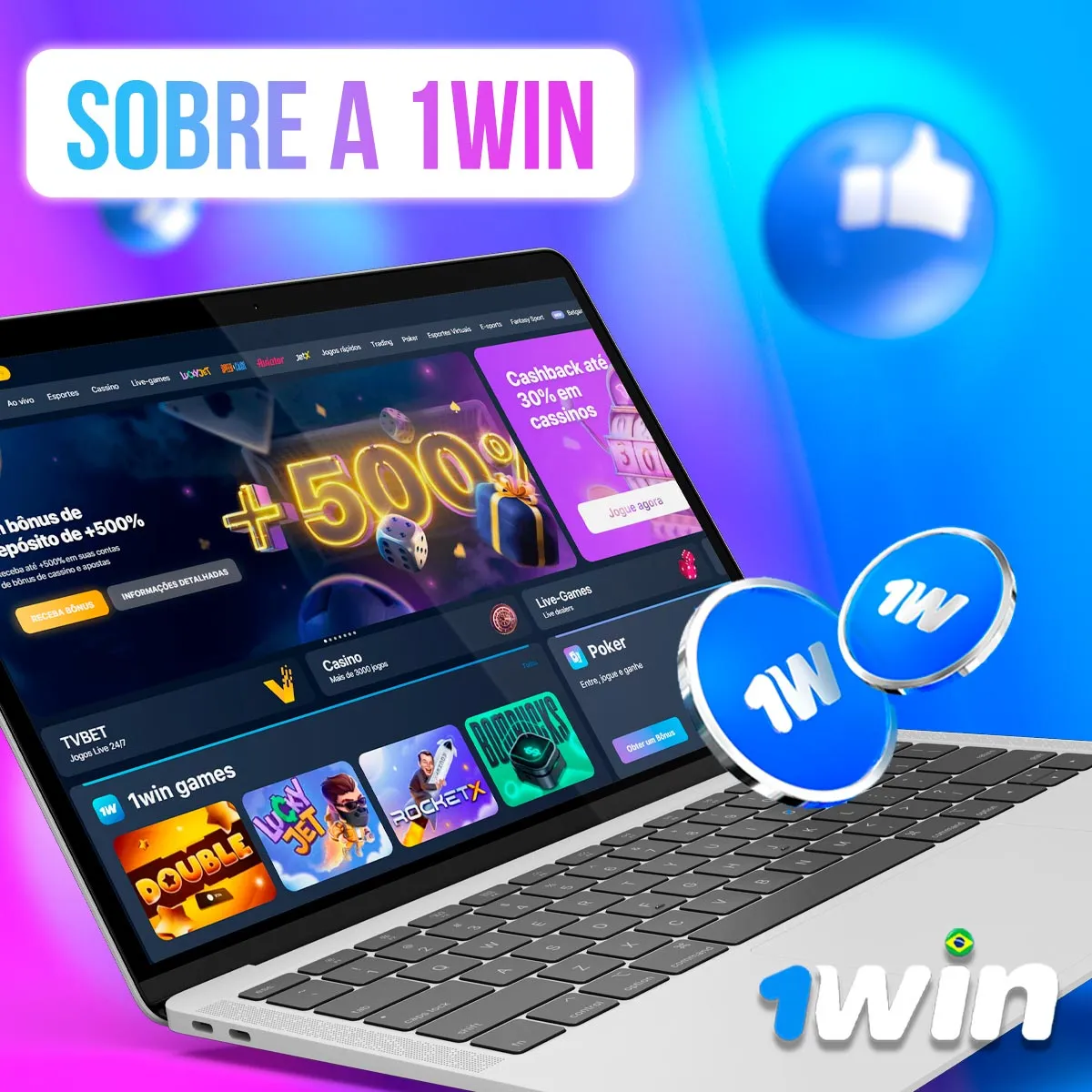 Composição com notebook, catálogo da 1win e moedas Composição com notebook, catálogo da 1win e moedas