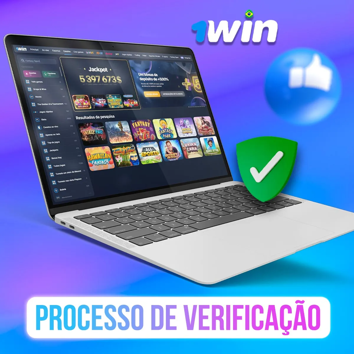 Notebook com interface da 1win e símbolo de verificação Notebook com interface da 1win e símbolo de verificação