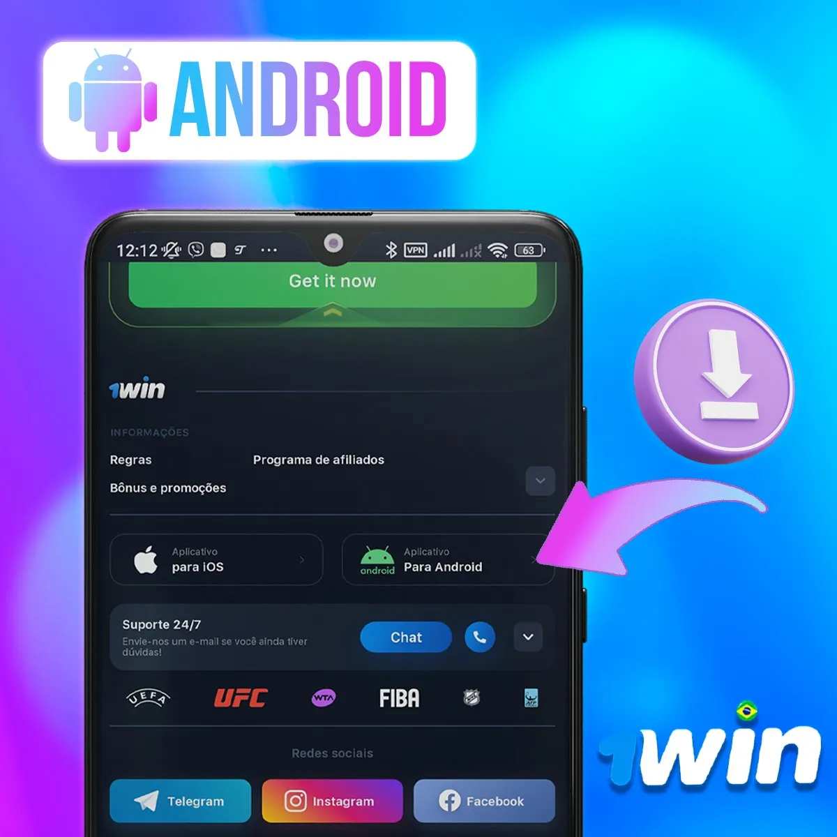 Celular com a área de aplicativo Android da 1win Celular com a área de aplicativo Android da 1win