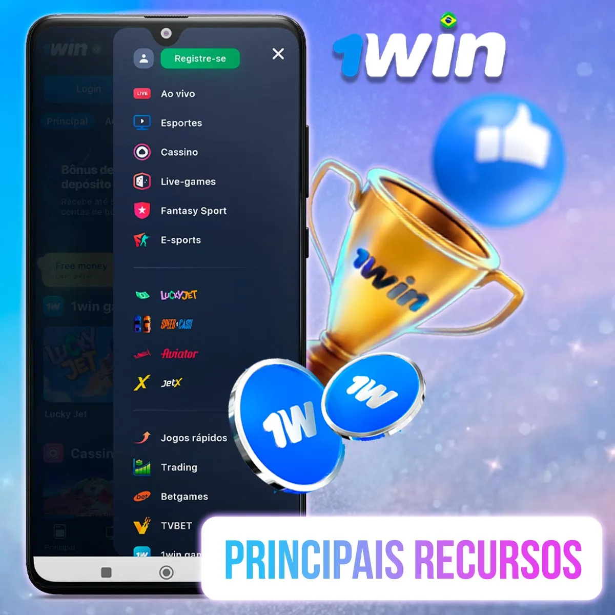 Celular com menu de categorias da 1win Celular com menu de categorias da 1win