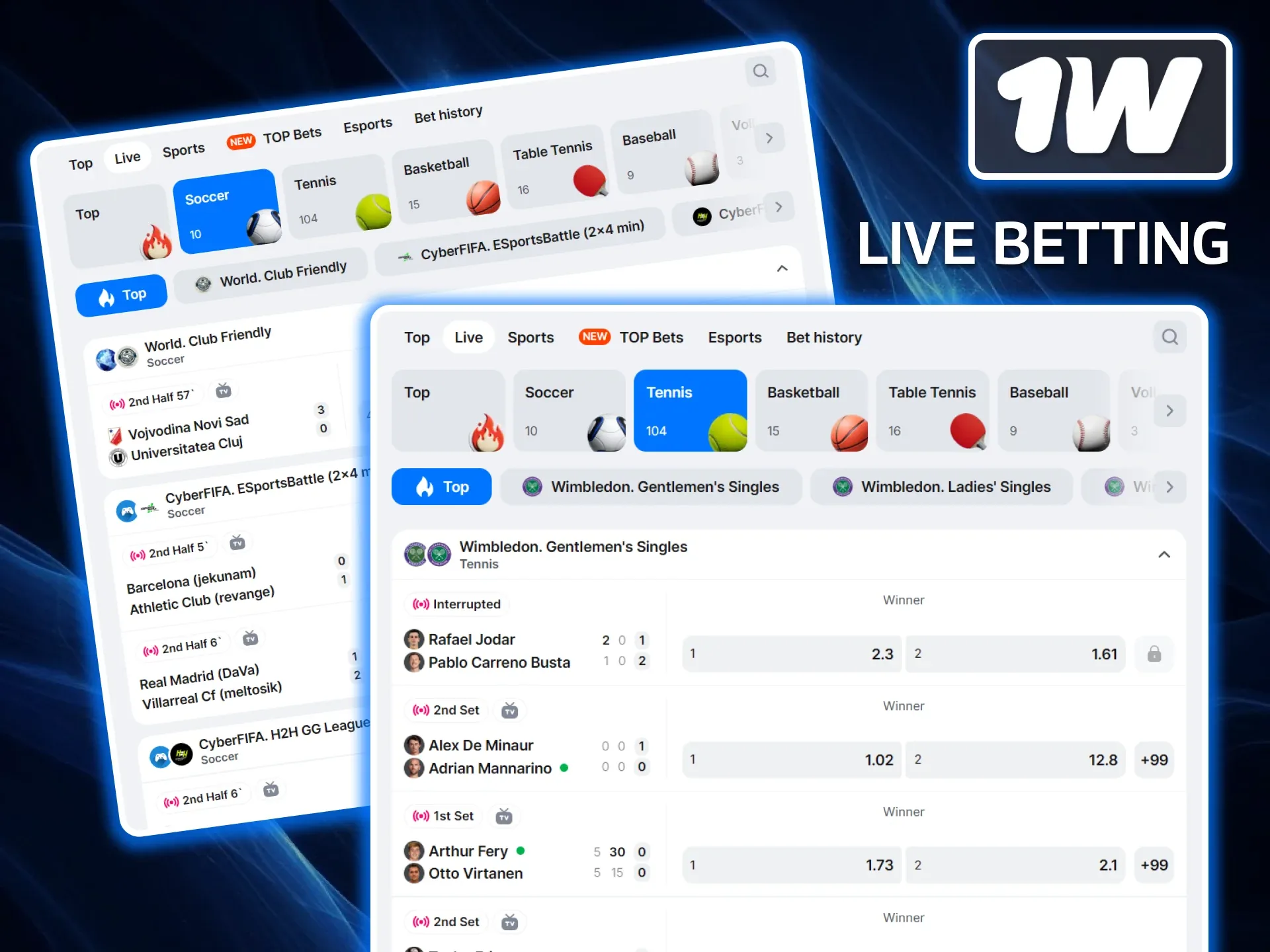 Montagem da interface 1win com placares de futebol, tênis e mercados suspensos Montagem da interface 1win com placares de futebol, tênis e mercados suspensos